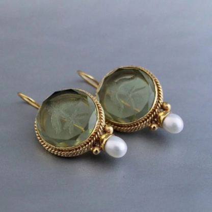 Ava™ | Vintage Green Stone and Pearl Earrings for Women